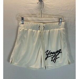 Young LA Legacy Shorts women M Mesh‎ Active Cream Gym Fitness spell out